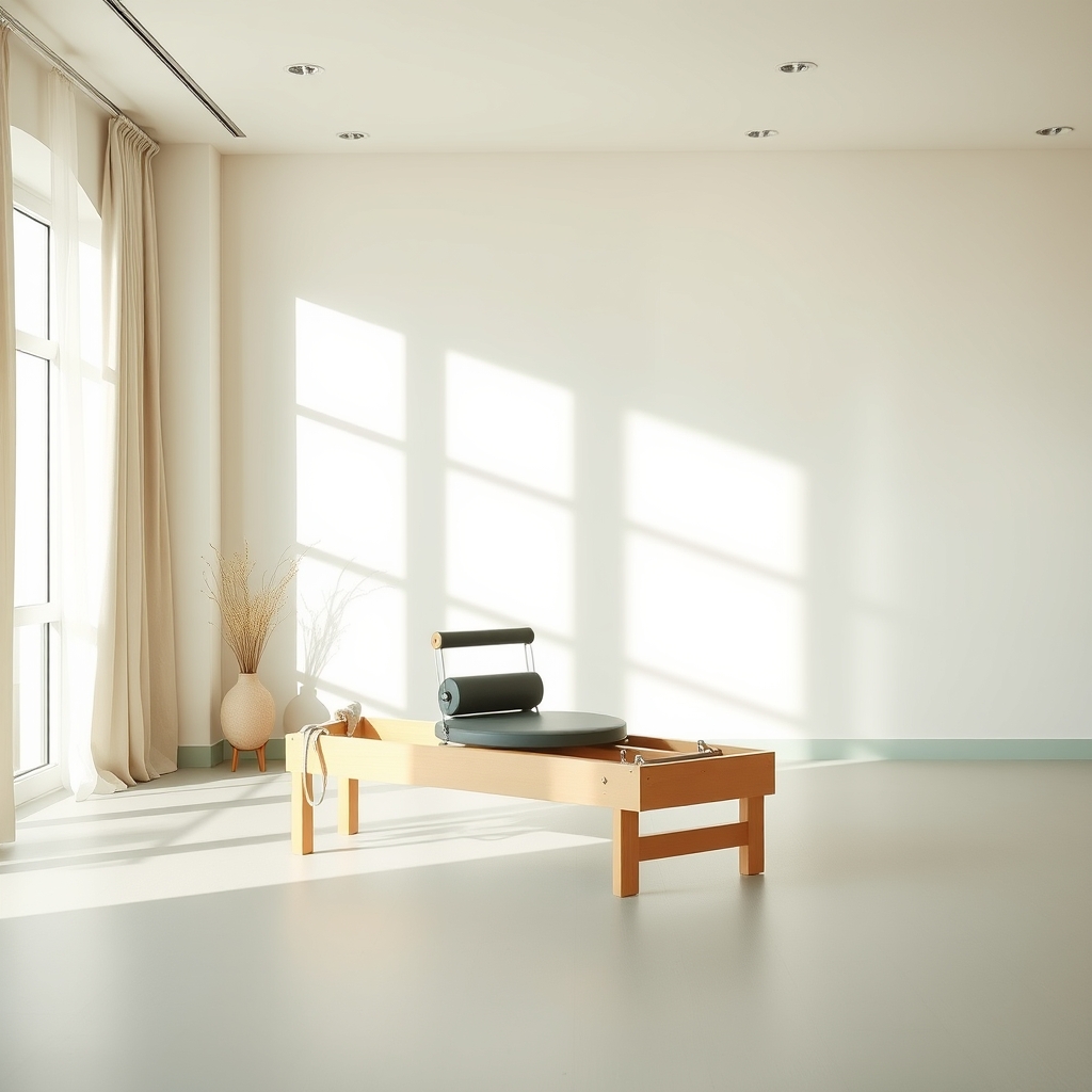 Sala de fisioterapia e pilates da Clínica Vida Leve em tons verde-salvia, iluminada com luz natural